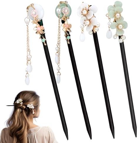 Paquete de 4 horquillas de madera chinas japonesas para mujer, moños, palillos de pelo con flores, horquillas de madera retro con borlas, horquillas de madera tradicionales para niñas
