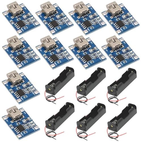 GTIWUNG Lot de 10 Mini USB 5V 1A 18650 Module de Chargeur de Batterie, Mini USB Interface + 6 Pièces 3.7V 18650 Support de Batterie Boîtier en Plastique avec Wire Leads
