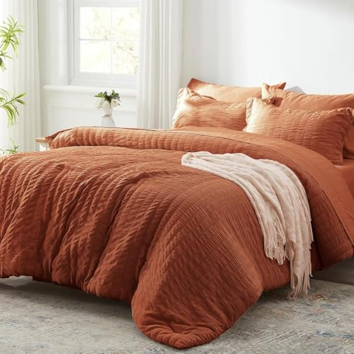 Luofanfei Seersucker Bettwäsche 200x220 Karamell Braun Sommer Gestreift Einfarbig Wende Bettwäsche Set Microfaser Atmungsaktiv Leicht Bettbezug Doppelbett und Kissenbezüge 80x80 mit Reissverschluss