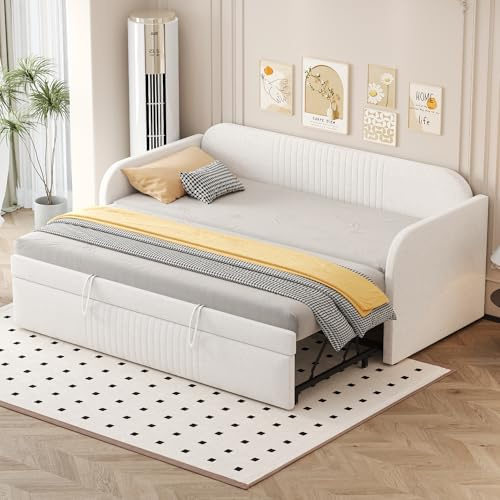 Soweiz Polsterbett Ausziehbares Schlafsofa Kinderbett 90/180x190 cm, mit Lattenrost, Multifunktionsbett, komfortabler und atmungsaktiver Leinenstoff (Matratze Nicht enthalten) (Beige)