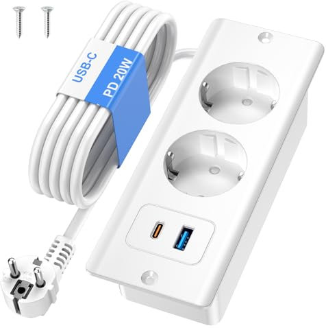 Airmom Einbau Steckdosenleiste mit USB C PD 20W, Einbau Tischsteckdose Weiß mit USB und USB C, 1,8m Kabel