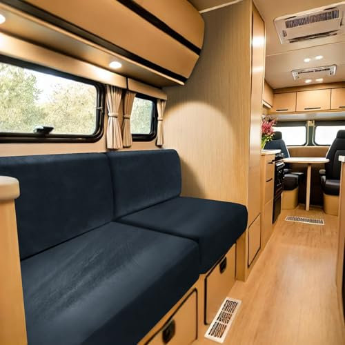 SYLC Samt Bezüge Für Wohnwagenpolster, rutschfeste Wohnmobil Sitzbezüge Mit 2 Cord, Sofa Sitzkissenbezug Für Schonbezug Wohnwagen Polster (Navy Blue,Rectangle M)