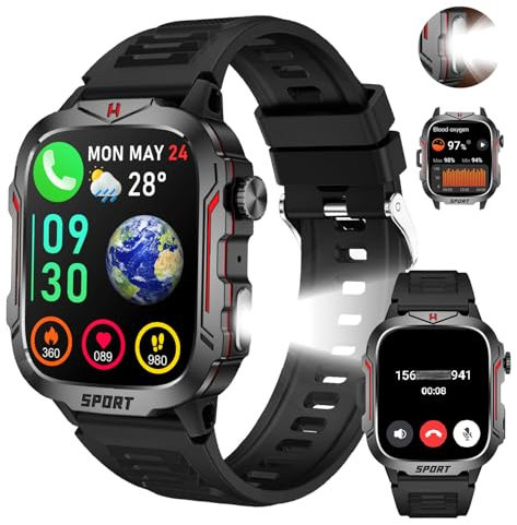 LIVLOV Smartwatch für Herren mit LED-Taschenlampe, 430 mAh Akku, 120 Sportmodi, Herzfrequenz-/Blutdruck-/Schlafüberwachung, 1,96 Touchscreen, kompatibel mit Android und iOS (Schwarzes Silikon)