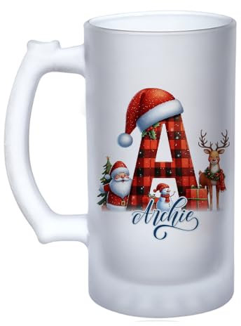 Getagift Personalised Christmas Alphabet Letter, Initial with Name, Xmas, Secret Santa Alphabet, 16oz Frosted, Tankard, Stein, Pint Beer Glass/Mug.