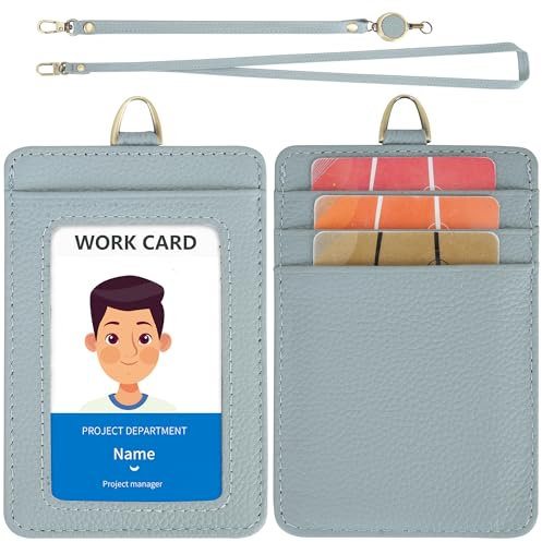 Wason Porta Badge in Vera Pelle con Laccetto Rimovibile, Cinturino a Mano e Mulinello Retrattile, 5 slot per carte di credito per studenti infermieri dottori ingegneri autisti (Blu)