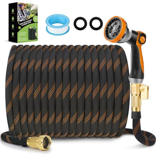 FlexiSolve Garden Hose 30 ft, NON-EXPANDABLE Ultra Lightweight Flexible Water Hose With 10-Pattern Thumb Nozzle, Leak-Proof, Kink-Free Hose, Durable 3750d Fabric & Extra Strong Connector, Hose Strap