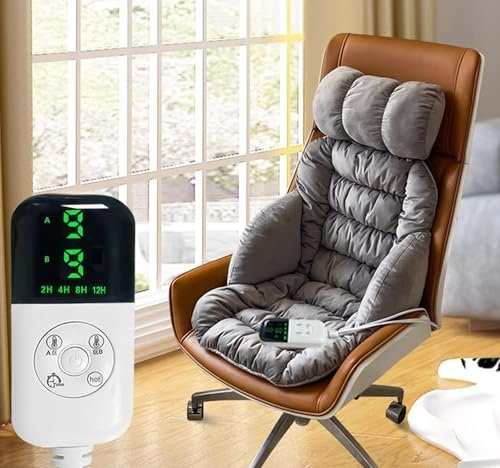 Beheiztes Stuhlkissen mit Kopfstütze, hohe Rückenlehne, weiches Bürostuhlkissen, Zwei-Zonen-Heizung, abnehmbar und waschbar, geeignet für Büro, Zuhause, Zimmer (grau)