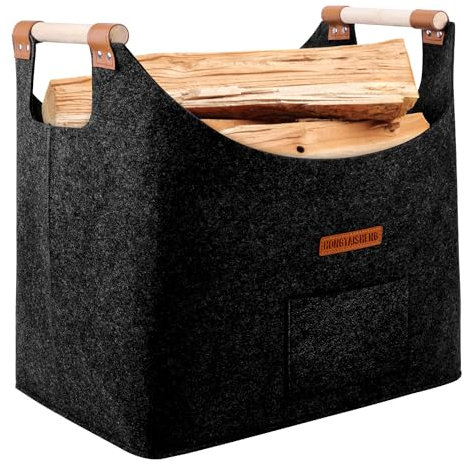 Leñero interior XL cesta de fieltro de fieltro extra grueso y asa reforzada | Cesta leña plegable bolsa de fieltro para la compra, leña, periódico o leña (gris pizarra)