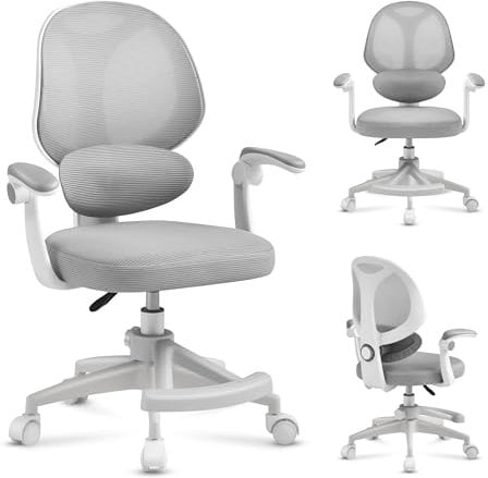 MARK ADLER Junior 4.5 | Ergonomischer Drehstuhl für Kinder & Jugendliche | Höhenverstellbar | Lordosenstütze | Klappbare Armlehnen | Schwerkraftrollen | Fußstütze | 360° Drehung | Grau