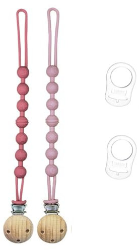 2 Pezzi Catenella Portaciuccio in Silicone,Set Catenelle per Ciuccio con 2 Pezzi Ciuccio Clip Adattatore, Portaciuccio Senza BPA,Catenelle per Ciuccio con Adattatore (Rosa e Rosso)