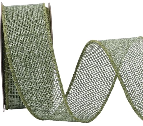 CABODYALS 9.1M 38mm Green Burlap Wired Ribbon Vintage Rustic Jute Wreath Natural Garland Spring Sage Moss Green Holiday Weave Wide Christmas Ribbons for Gift Wrapping Sewing Making Cloth Party Decor