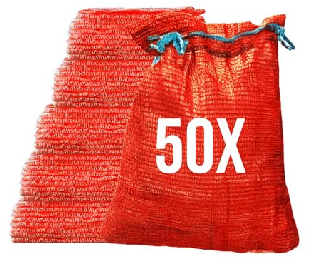 Bazko Lot de 50 sacs Raschel - 50 x 80 cm - 30 kg - Rouge - Sacs en filet avec cordon de serrage - Sac à pommes de terre, oignons, sac filet pour bois de chauffage