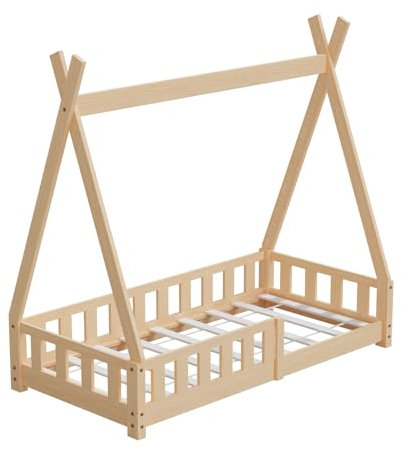 HAGO24 | Kinderbett | 160x80cm Natur | Tipi Bettgestell | Holzhaus | Zeltoptik | Rausfallschutz | Lattenrost | Kiefernholz | Montessori | Spielbett | Natur | dekorierbar