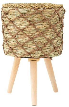 Maceta tejida con 3 patas de madera - Soporte para plantador natural | Niño de paja ecológico para plantas de interior, cesta decorativa rústica, soporte para plantas de mimbre hecho a mano