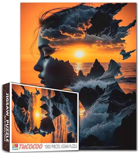 Abstract Seascape Jigsaw Puzzles 1000 Pieces for Adults,Families (Woman,Girl,Sunset,Mountain,Wave) Pieces Fit Together Perfectly 19.7''x27.6''inch Performance Frameable Magic Female Face Puzzle Art