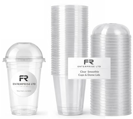 FR Enterprises Strong Clear Smoothie Cups with Dome Lids - 500 Pack 8oz (236ml) Milkshake Reusable Plastic Cups for Iced Tea, Coffee, Cold Drinks