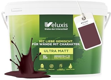 Veluxis Wandfarbe Rot Braun Bordeaux matt 5 L – Red Wine | Innenfarbe mit Deckkraft Klasse 1, VOC-frei, ohne Grundierung, tropfarm, für Wohnzimmer und Schlafzimmer