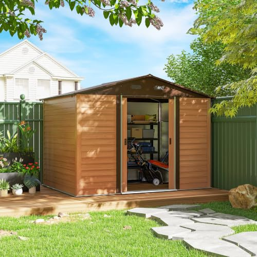 Outsunny Caseta de Jardín Exterior Metálica 4,84 m² 278x195x215 cm | Cobertizo de Jardín Exterior con 4 Ventanas y 2 Puertas Correderas para Almacenaje de Herramientas, Madera Natural y Café