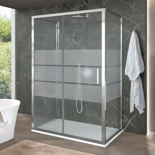 Box Doccia 3 Lati 80x150x80 Cm (H 200) Porta Fissa + Scorrevole Centrale Vetro Serigrafato 6 Mm Profili Cromati