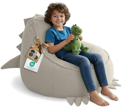DreamRoots Sitzsack Kinder Bouclé, Dino Form, Kindersessel, Cremefarben | 315 g/m², OEKO-TEX, mit Schaumstoffflocken, Sessel Kinderzimmer, Waschbarer Bezug