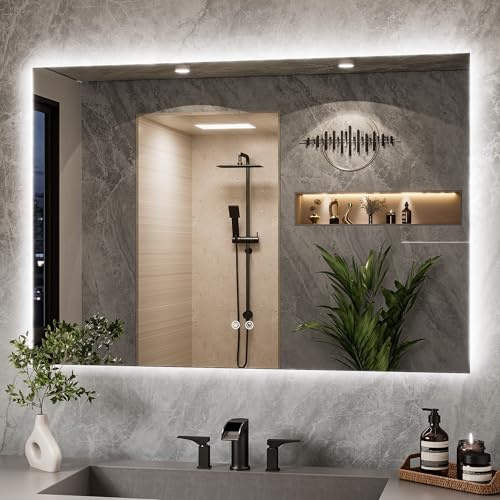 TETOTE Badspiegel mit Beleuchtung 120x80cm, Rechteckiger Badezimmerspiegel, Badezimmer Wandspiegel Ohne Rahmen, Led Badspiegel mit 3 Lichtfarben Dimmbarer,Antibeschlag, Speicherfunktion, IP44