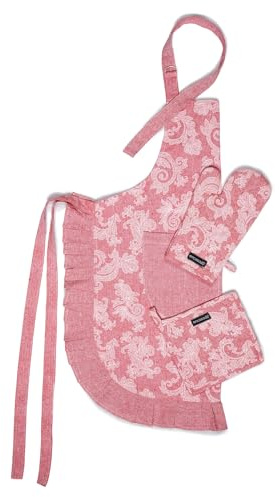 Encasa XO Kitchen Apron with Oven Gloves & Potholder - Combo Set - 100% Cotton, Heat Resistant