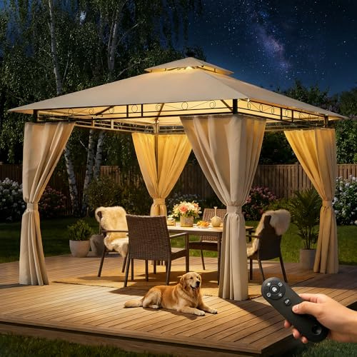 Hawthyhome Pavillon 3x3 Wasserdicht Stabil, Gartenpavillon Doppeldach, Partyzelt mit Seitenwänden, UV-Schutz 50+, Metallrahmen Pavillon für Garten Terrasse Party, Beige mit LED
