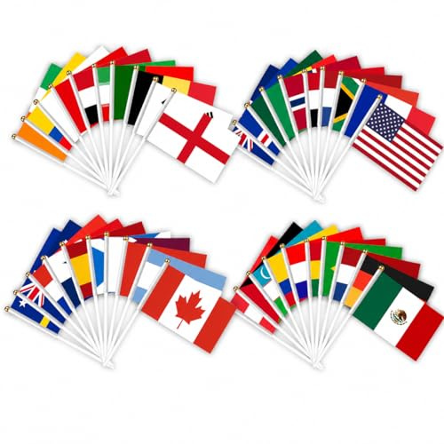 48 Länder Flaggen, Länderfähnchen Set aus Stoff, Doppelseitige Handflaggen mit 30cm Stab, zum Schwenken oder Aufhängen, Wiederverwendbar, WM 2026 Deko für Unterricht und Fanunterstützung
