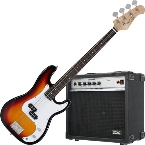 Rocktile Puncher E-Bass Sunburst Set (Preci-Style E-Bass, Chrom-Hardware, 22 Bünde, inkl. Bass-Verstärker) Sunburst | Gewicht: 4, 0 kg, Anzahl der Saiten: 4, Ausrichtung: Rechts, Korpusform: P-Bass, Korpus: Mahagoni, Griff: Ahorn, Tasten: 22