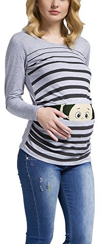 Vêtement de Maternité Humoristique T-Shirt Mignon à Motifs Cadeau pour Grossesse Femme Humour Tee Haut Vetement de Maternite à Manches Longues (Gris, Large)