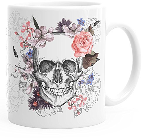 Autiga Kaffee-Tasse Totenkopf Blumen Flower Skull Boho Schädel Teetasse Keramiktasse weiß Kaffeetasse