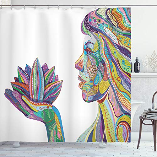 ABAKUHAUS Duschvorhang, Geistige Yoga Frau mit Lotus Flower Figur mit Ornamental Meisterliche Zen Linien Design, Stoffliches Gewebe Badezimmerdekorationsset mit Haken, 175 X 200 cm, Lila Mehrfarbig
