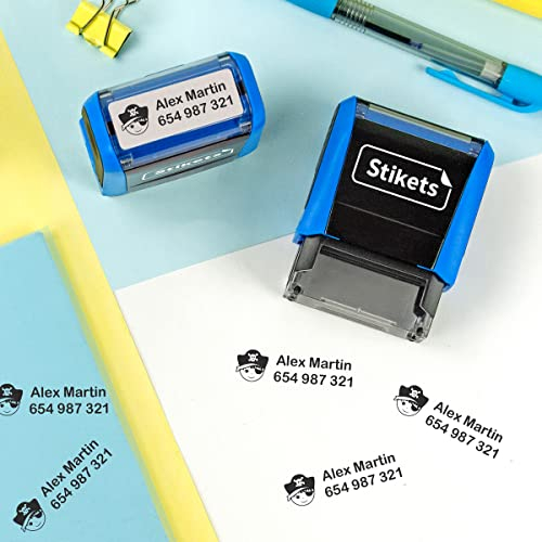 Personalisierbarer Stempel für Kleidung und Kindergegenstände, permanent und mit Symbolen, ideal für die Schule. Stikets
