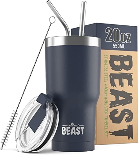 Beast Thermobecher 550 ml - Navy blau I Mehrweg Thermo Kaffeebecher To Go mit 2 Strohhalmen & Reinigungsbürste I Doppelwandiger Trinkbecher aus Edelstahl I Perfekt für Kaffee oder Eiskaffee I BPA-frei
