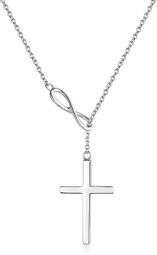 FANCIME Damen Halskette aus 925 Sterling Silber Weiß Gold Plattiert mit Unendlichkeit Kreuz Christian Anhänger Infinity Kette für Frauen Mädchen Baby Kinder - Verstellbar Kettenlänge: 40 + 5 cm