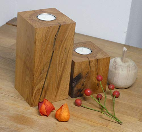 Teelichhalter Holz Eiche Massivholz Kerzenständer Teelicht Eichenholz 2er Set Herbstdeko (Metall)