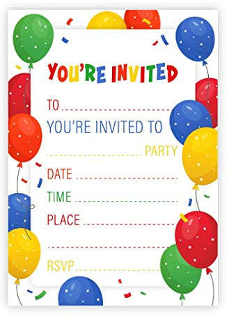 Datasafe 32 Kids Childrens Birthday Party Invitations with Envelopes Invitation Pack of 32 Balloon Invites - Designed and Printed in the UK (Red)