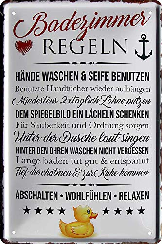 Blechschild ''Badezimmer Regeln. Hände Waschen&Seife'' 20x30cm Geschenk Lustige Sprüche Feier Vintage Retro Geburtstag Deko Party Überraschung Fan Zuhause WC Open Closed Badezimmer