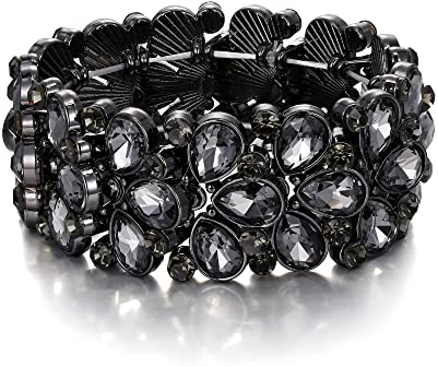 EVER FAITH Armband Art Deco Schmuck für den Abschlussball, rundes österreichisches Kristall 3 lagiges Teardrop Stretch Armkette für Damen Grau Schwarz-Ton