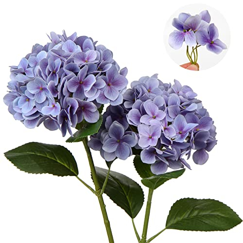 Lot de 2 hortensias artificielles décoratives Violettes artificielles en Soie au Toucher réaliste 63 cm de Long Tige pour Maison, hôtel, Bureau, décorations de Mariage