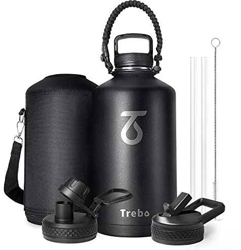 Trebo Borraccia isolata con manico in paracord, da 1,628 ml, a doppia parete, in acciaio inox, con coperchio con beccuccio in paglia, a tenuta stagna, per mantenere freddo e caldo, nero