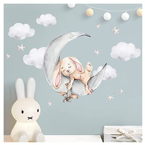 Little Deco Wandsticker Hase mit Mond Wandtattoo Tiere Wolken Kinderzimmer Babyzimmer Wandaufkleber Schlafzimmer Wanddeko DL871-3