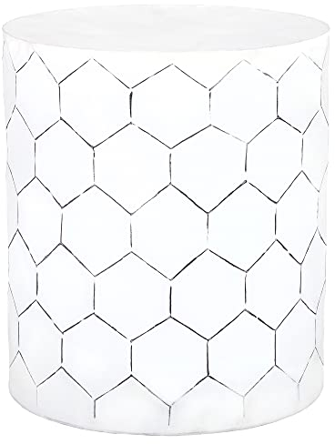 WOMO-DESIGN Beistelltisch Turku rund Ø38x45 cm Weiß aus Metall, Hexagonformen/Honigwabenmuster, Modern, Couchtisch Wohnzimmertisch Sofatisch Ablagetisch Loungetisch Kaffeetisch Metalltisch Tisch