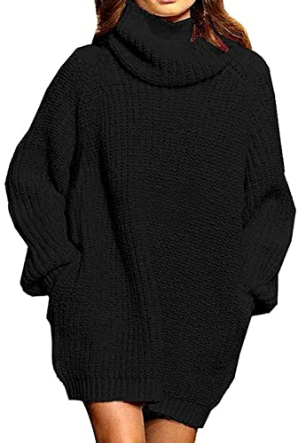GOTOTOP Damen Rollkragen Grob Strickkleid Oversize Langarm Lose Pullover Minikleid mit Tasche(L-Schwarz)