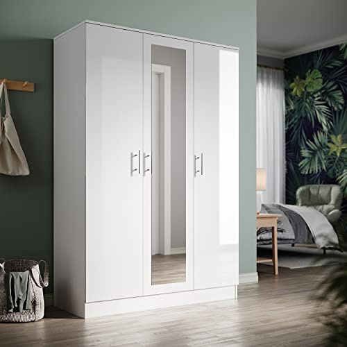 ELEGANT 3 Door Wardrobe with Hanging Rail and Full-length Mirror High Gloss Bedroom Furniture for Home Bedroom