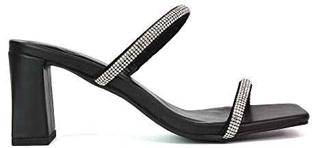 Womens Sparkly Diamante Double Strap Sandals Ladies Black Block Heel Slip On Mule Shoes Size 5