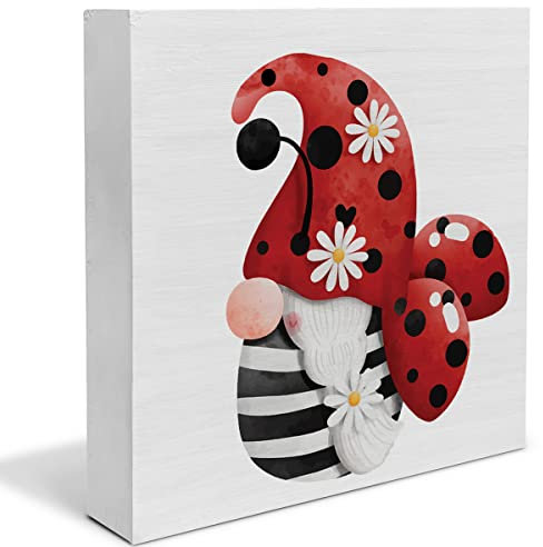 Country Red Insect Gnom Wood Box Schild Decor Schreibtisch Schild Insekten Zwerg und Gänseblümchen Holzbox Block Schild Rustikale Home Shelf Wall Dekoration