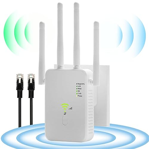 Repetidor WiFi 1200Mbps, Amplificador Señal Banda Dual 5GHz/2.4GHz Largo Alcance Con 4x3dBi Antena, Booster Extensor Con Puerto WAN/LAN, Apoyo Modo Repetidores/Router/Ap
