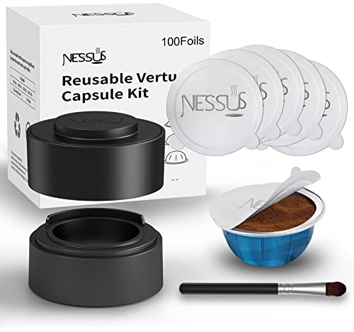 Nessus Reusable Vertuo Capsule Kit with 100 Pcs Aluminum Foil Seal Lids, Holder, Brush for Refilling Nespresso Vertuo Pods