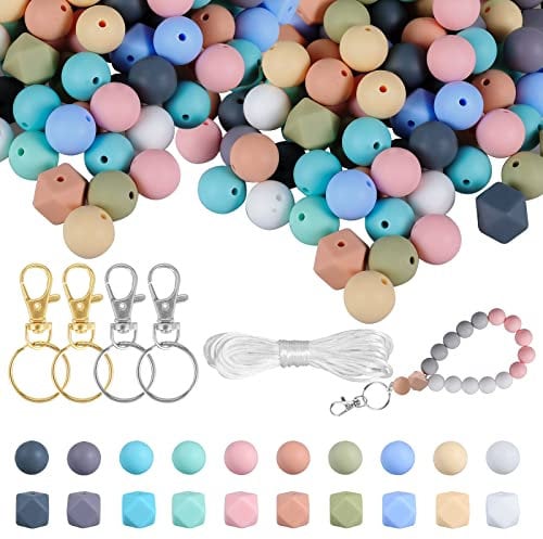 Xzyden Silicone Beads, 155pcs Silicone Beads for Keychain Making, 15mm Silicone Beads Bulk 14mm Hexagon Rubber Beads for Jewelry Making with Lanyard 5M Silicone Focal Beads for Pen
